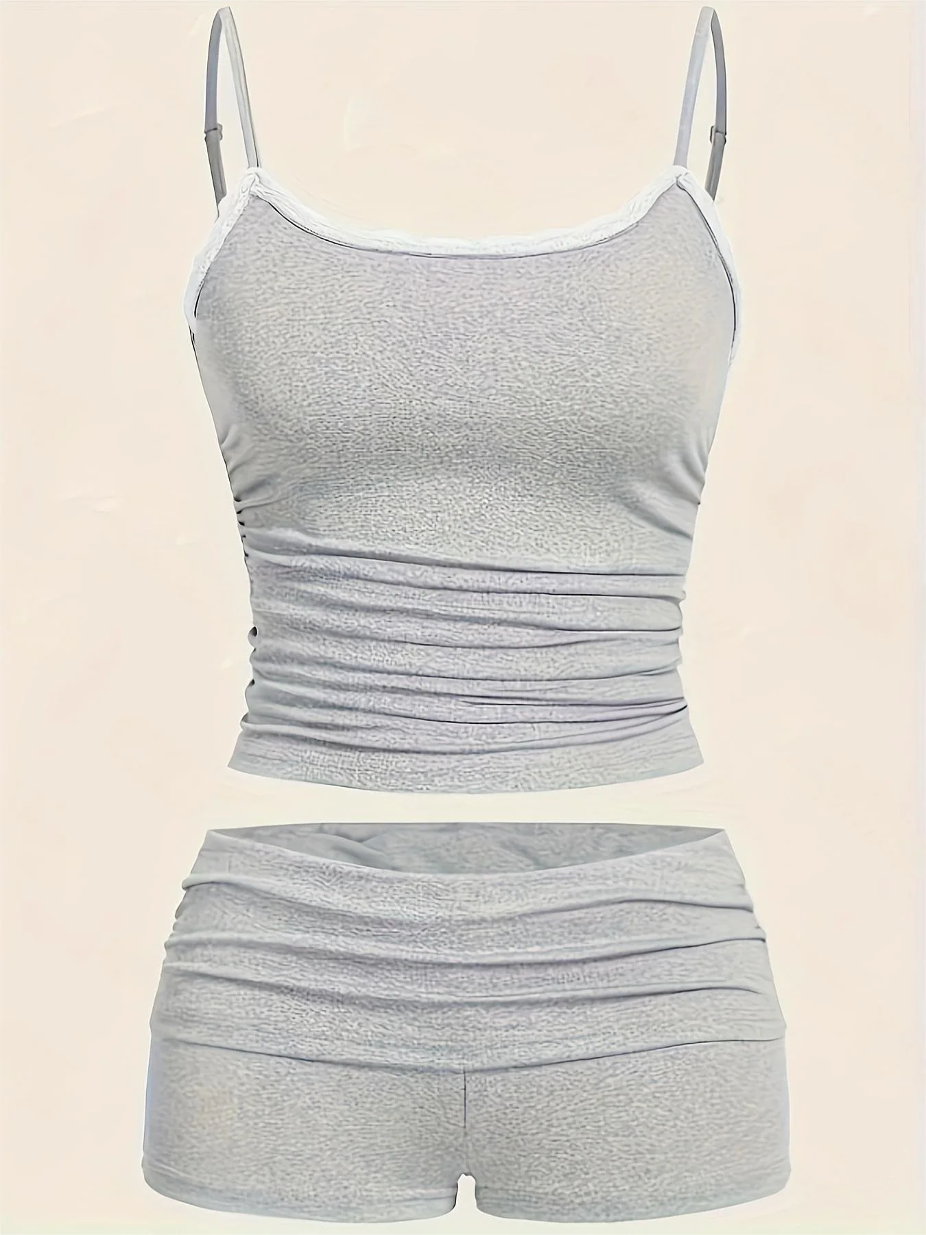 Plus Size Women's Light Gray Ruched Cami Top & Shorts 2-Piece Set - Comfortable Casual Loungewear/Daily Style (0XL-4XL)