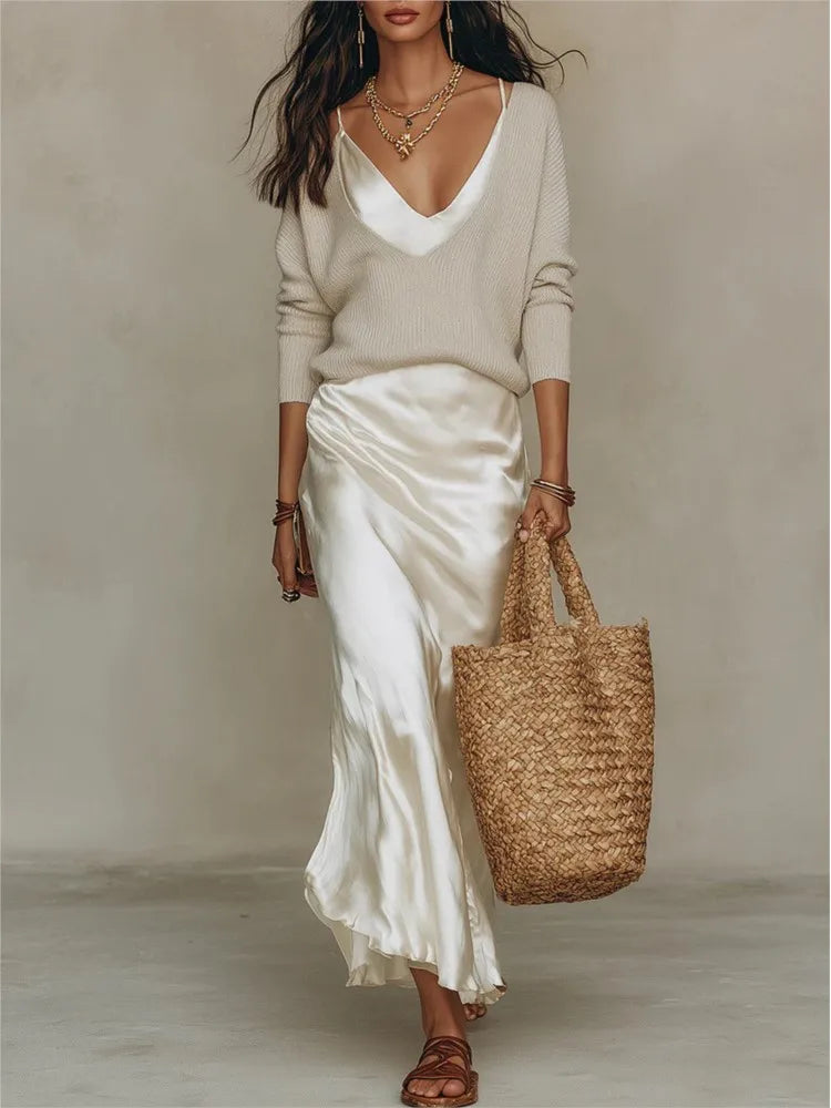 Spring Summer New Solid Color Satin Suspender Skirt And Knitted Top 2-piece Elegant Women's Slim Commuting Long Dress Set 2026