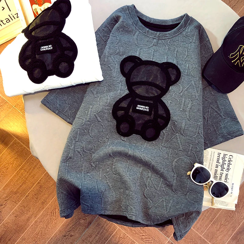Women's T-shirts Harajuku Girls Plus Size Tops Letter Jacquard O-neck Short Sleeves Loose Summer Tshirt Bear White Tees M-2XL