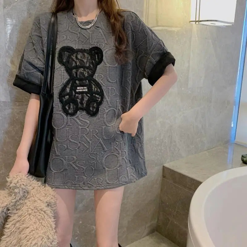 Women's T-shirts Harajuku Girls Plus Size Tops Letter Jacquard O-neck Short Sleeves Loose Summer Tshirt Bear White Tees M-2XL