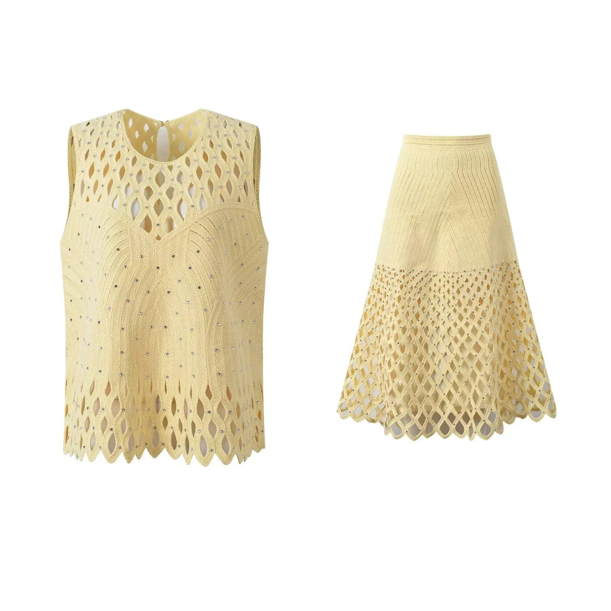 Women's French Vacation Style Hollow Out Rhinestone Knitted Vest + Skirt Set