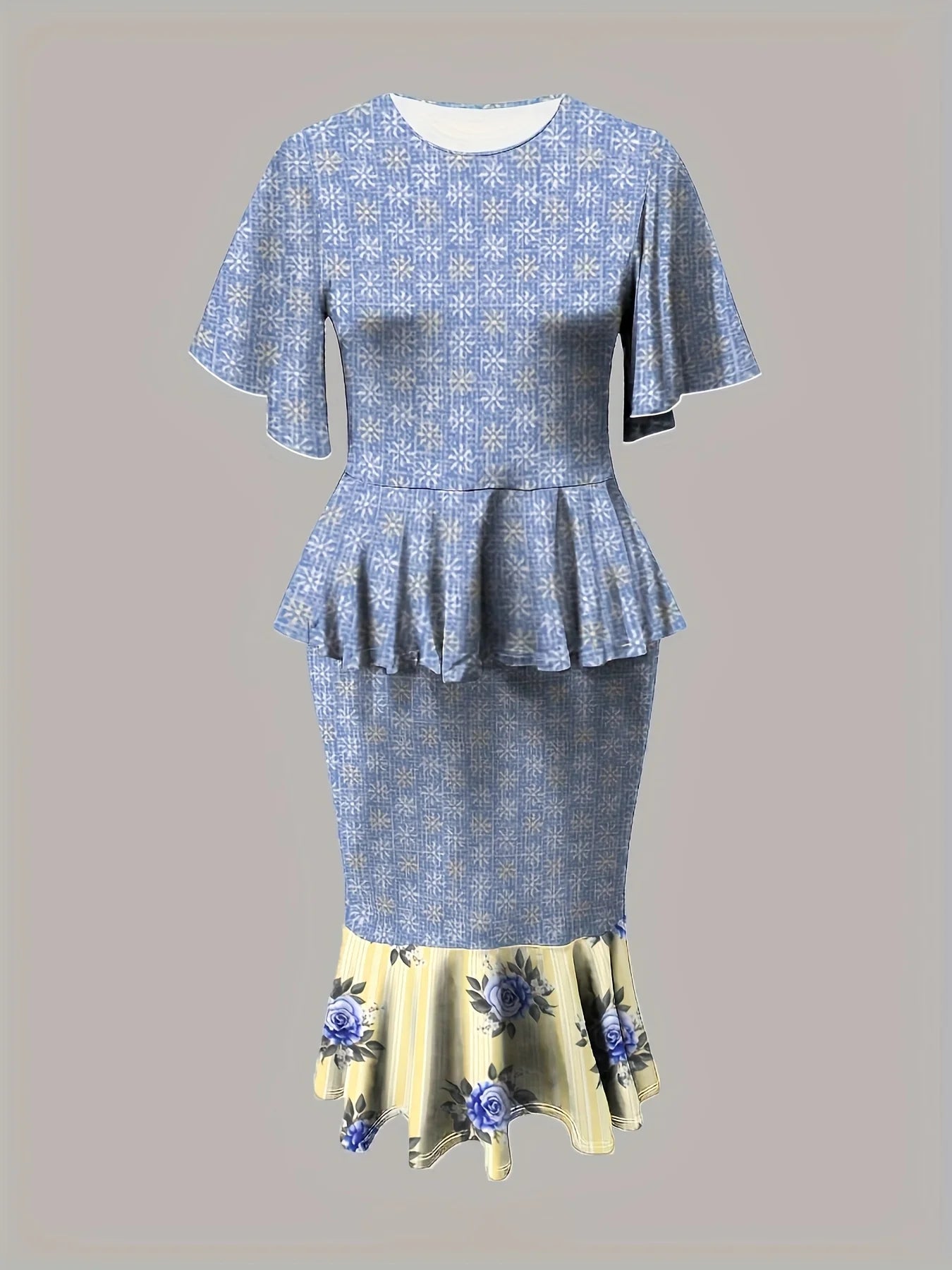 Plus Size Women's Blue Patterned Ruffle Sleeve Top + Floral Mermaid Skirt 2-Piece Set - Retro Casual Party Style (0XL-4XL)