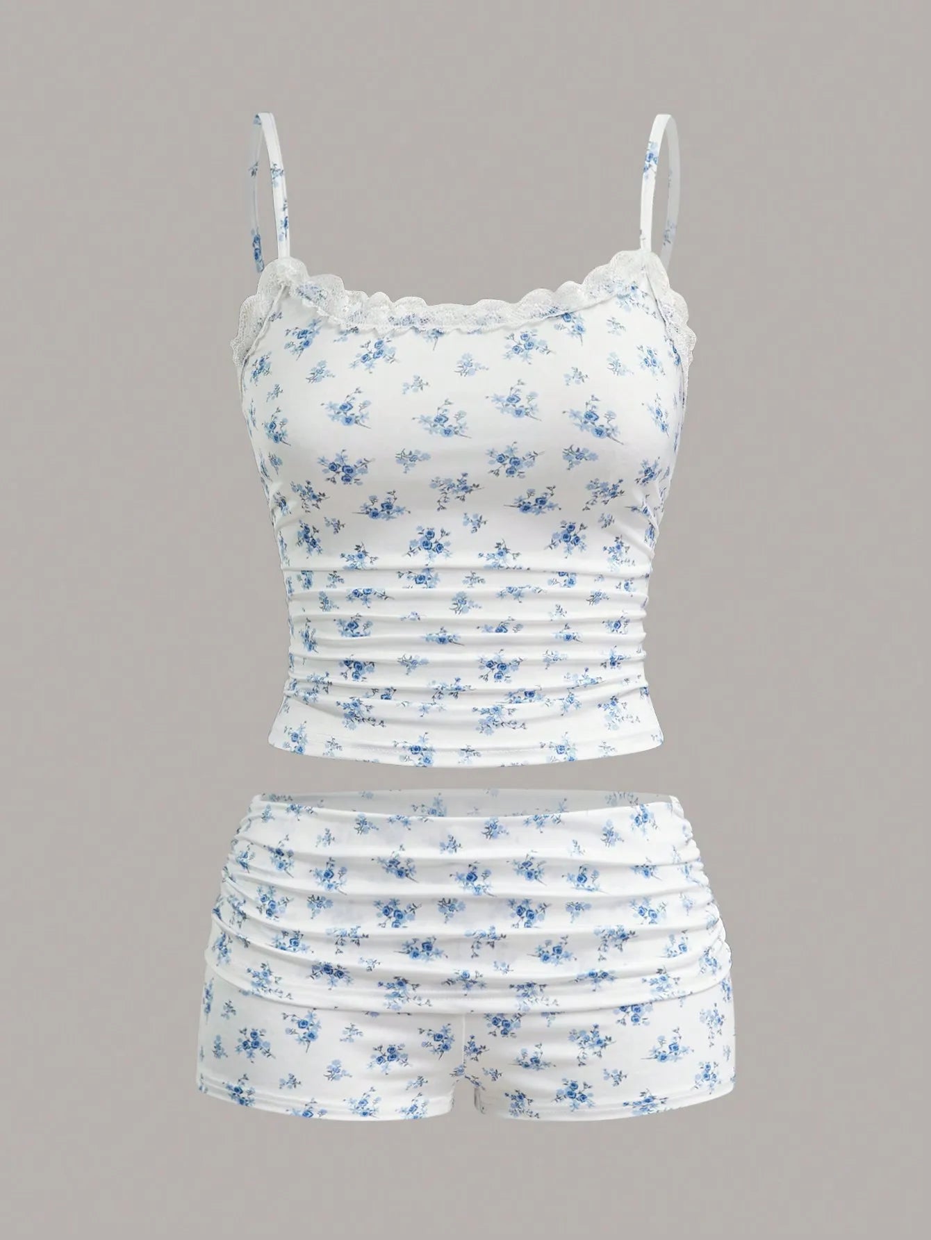 European and American spring and summer flower print lace neckline casual pants set